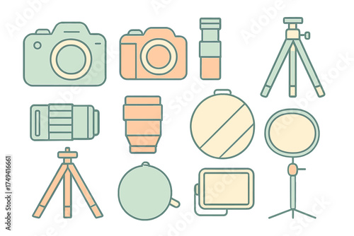Professional photography equipment set including cameras lenses tripods and studio lighting gear