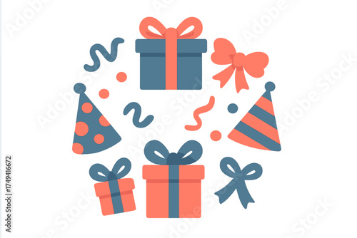 Festive arrangement of birthday party elements, gift boxes, bows, and conical hats