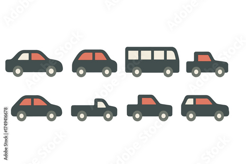Simple stylized set of eight transportation vehicles including cars, bus, and pickup trucks
