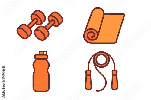 Set of essential gym and workout accessories including dumbbells, rolled mat, water bottle, and skipping rope