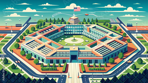 Very beautiful aerial view of the Pentagon, U.S. Department of Defense headquarters in Arlington, Virginia, vector-style illustration showcasing symmetry, structure, and iconic design.