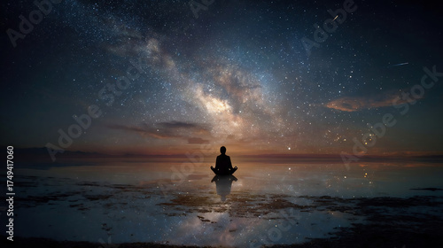 person on the rock outdoors meditating or praying at night under the Milky Way and full Moon