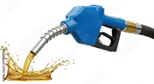 Fotografie Isolated fuel nozzle pumping gas, liquid fuel pouring from the nozzle, splash an