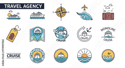 A collection of colorful travel agency and cruise line logos and icons in a modern monoline style, featuring ships, airplanes, compasses, and vacation themes.