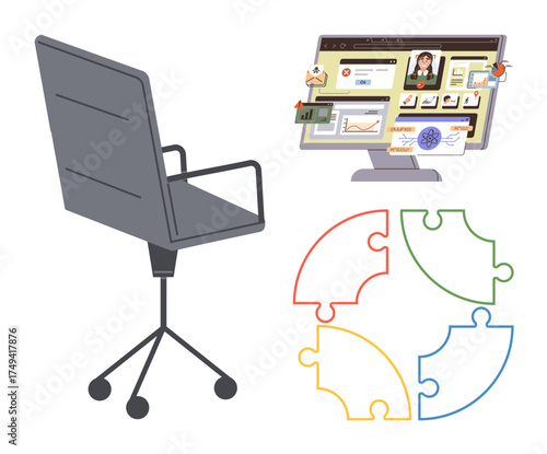 Office chair next to computer screen showing analytics, diagrams, and a video call interface. Beside it, multicolored puzzle pieces illustrating teamwork, strategy, and solutions. Ideal