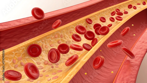 red blood cells flowing through vein, Medical illustration of atherosclerosis showing cholesterol plaque buildup inside red artery. Red blood cells flow through narrowed lumen, indicating reduced bloo