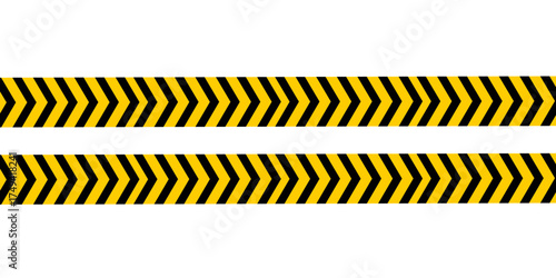Horizontal and crossed caution tapes with black and yellow chevron print. Warn borders in construction work zone or criminal scene. Hazard, risk, emergency or stop signs.