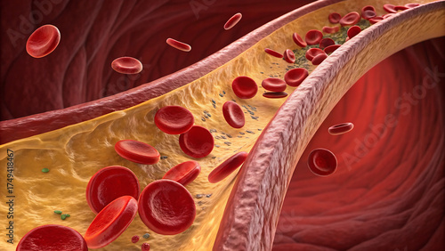 red blood cells flowing through vein, Medical illustration of atherosclerosis showing cholesterol plaque buildup inside red artery. Red blood cells flow through narrowed lumen, indicating reduced bloo