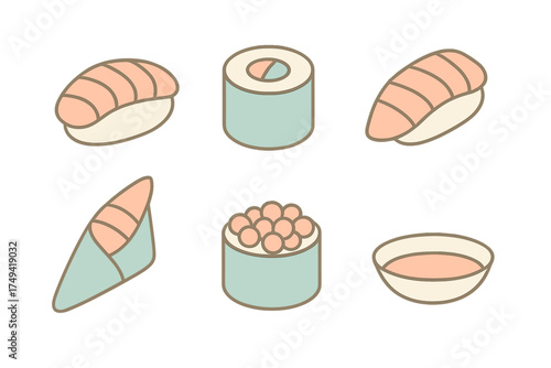 Isometric set of traditional Japanese sushi rolls and nigiri with dipping sauce