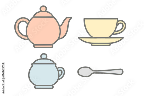 Pastel colored tea set icons featuring teapot cup sugar bowl and spoon