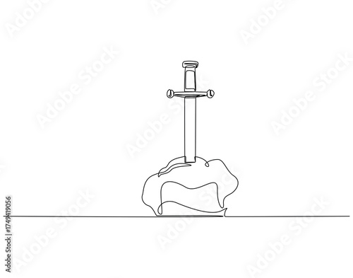 Continuous line drawing of sword stuck in stone. Single line illustration of sword trapped in stone. Iconic acient stories concept. Editable outline