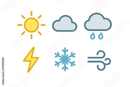 Essential weather symbols including sun, cloud, rain, snow, wind, and lightning bolt
