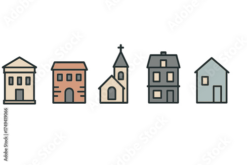 Five stylized buildings: residential homes, apartment block, and church structure