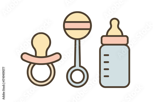 Essential newborn care items: pacifier, rattle toy, and feeding bottle set