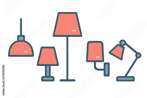 Modern indoor lighting fixtures icons in flat minimalist style