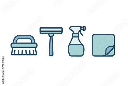 Set of cleaning and grooming tools icons featuring brush squeegee spray bottle and cloth