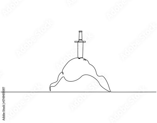 Continuous line drawing of sword stuck in stone. Single line illustration of sword trapped in stone. Iconic acient stories concept. Editable outline