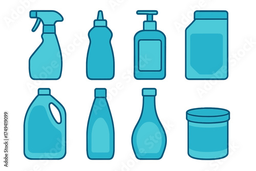 Set of eight blue icons for household cleaning and liquid product containers