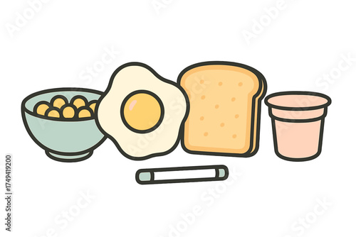 Assortment of simple breakfast food items with cereal, fried egg, toast, and yogurt