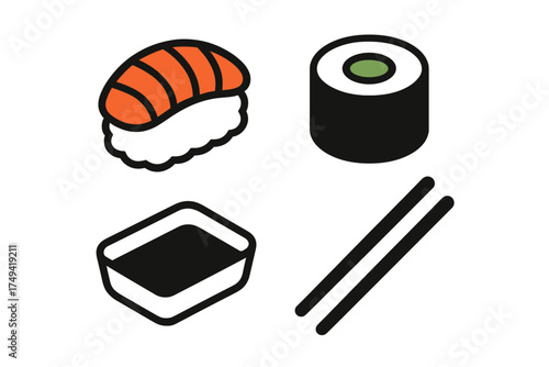 Isometric set of sushi icons with chopsticks and soy sauce dish