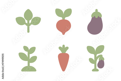 Stylized garden vegetable icons and growing plant elements