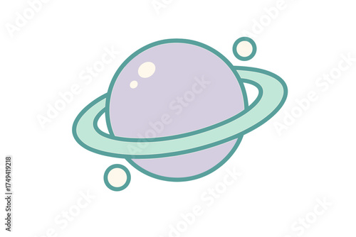 Cute cartoon planet with rings and orbiting moons icon