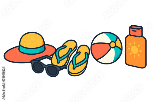 Summer beach vacation accessories collection with sun hat and sunscreen