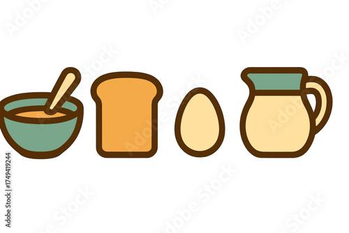Simple icons of breakfast food items including cereal toast egg and milk pitcher
