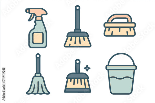 Colorful set of essential housekeeping and cleaning tools icons