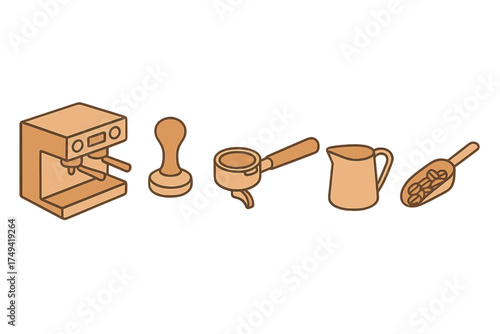 Isometric set of professional coffee making equipment and espresso accessories