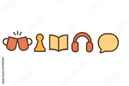 Collection of simple icons representing leisure activities and communication