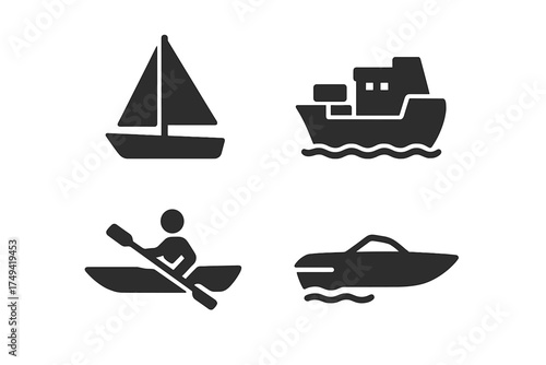 Four black icons of water transport: sailboat, cargo ship, kayaker, and speedboat