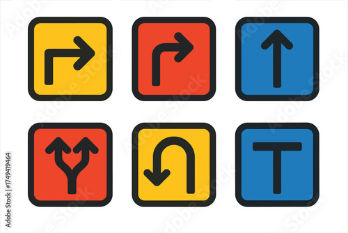 Colorful set of traffic and navigation direction arrow icons