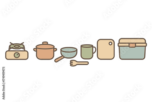 Set of portable camping cooking gear and food storage icons