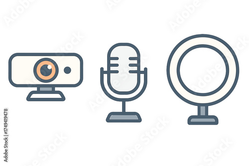 Webcam microphone and ring light icons for content creation setup