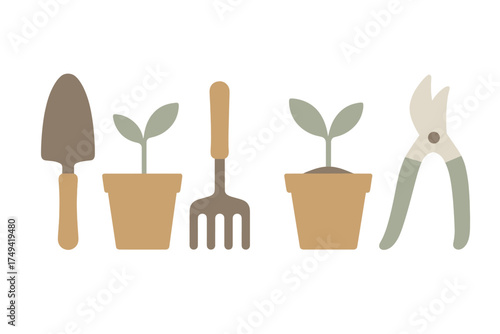 Essential gardening tools and small potted plant seedlings set