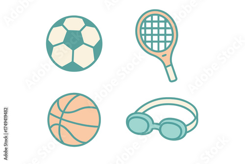 Stylized icons of various sports equipment including ball, racket, and goggles