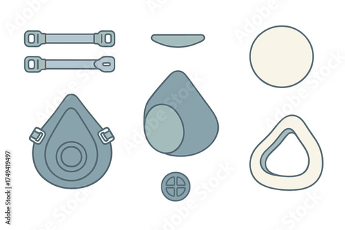 Disassembled parts of a reusable protective respirator mask assembly schematic