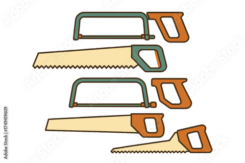 Assortment of carpentry hand saws and metal cutting hacksaw frames
