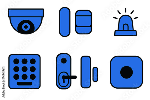 Blue icons for smart home security and alarm system components