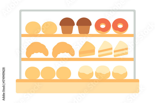 Assorted baked goods in a multi-level bakery display case