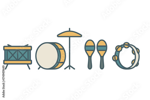 Set of percussion musical instruments icons including drum, cymbal, maracas, and tambourine