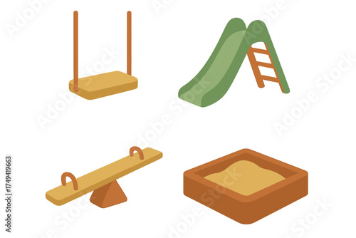 Isometric set of playground equipment featuring swing slide seesaw and sandbox