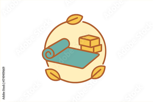 Yoga mat and blocks icon with natural leaf border design