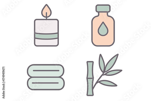 Spa and wellness icons featuring candle oil bamboo and folded towels