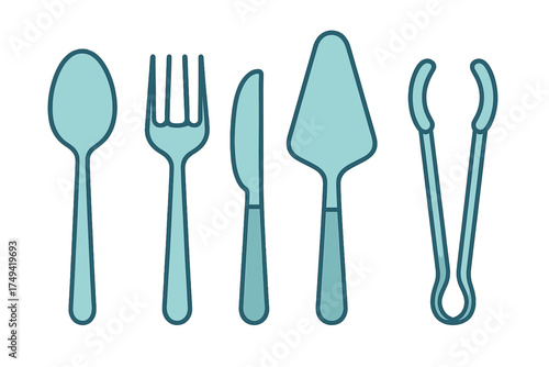 Collection of essential eating and serving utensils like spoon, fork, knife, and tongs