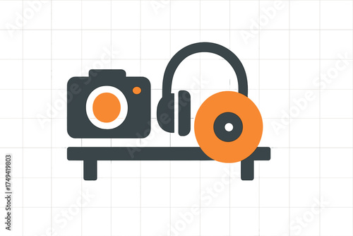 Shelf display of camera, headphone, and compact disc icons