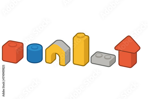 Assorted colorful geometric shapes in isometric view