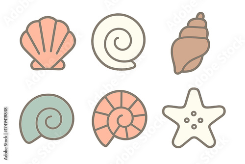 Stylized seashells and starfish icons in soft pastel colors