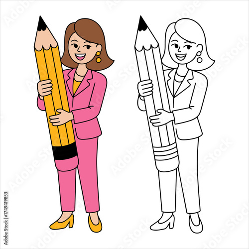 Business Woman with Pencil Cartoon Vector – Female Character Illustration for Education, Office, and Design Concept